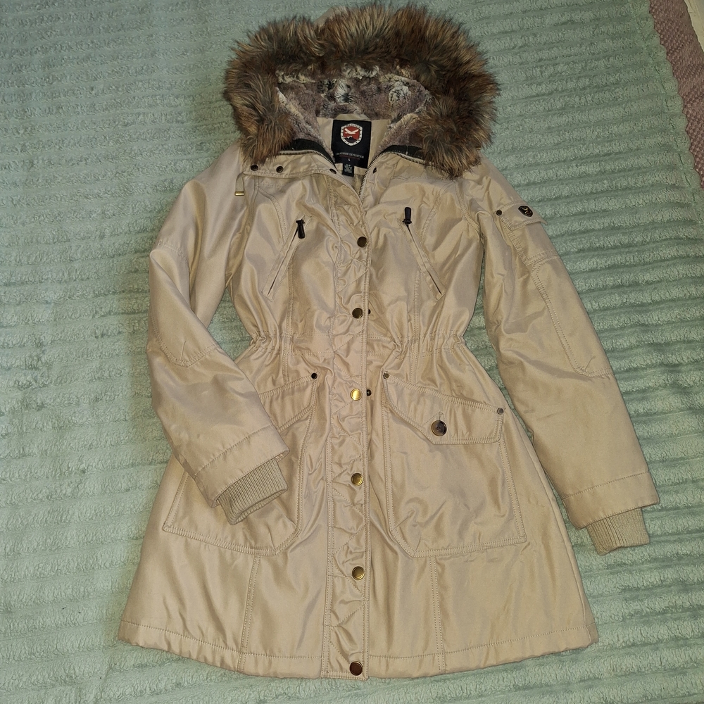 1 Madison Expedition Winter Faux Fur Trim Coat Sz S Parka